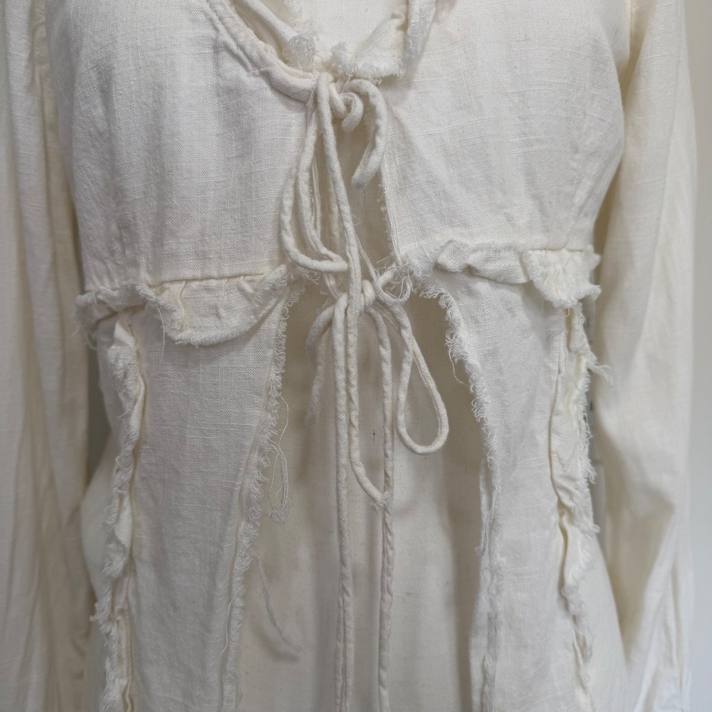 H&M Divided Ruffle Tie Front Linen Blend Blouse Size Small Cream Fairycore Boho - Picture 4 of 10